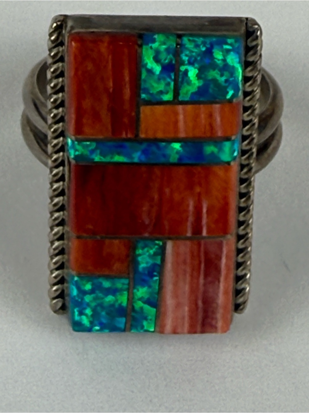 Native American Spiny Oyster, Lab Created Opal Sterling Silver Signed WG 8.75 - Picture 4 of 16